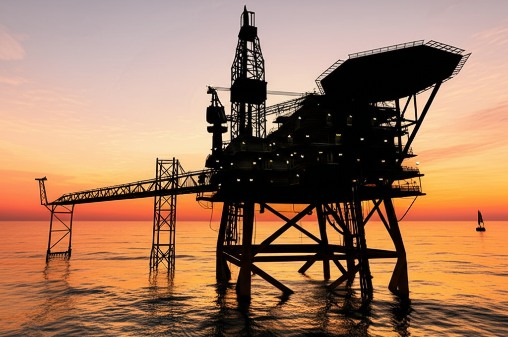 Oil rig at sunset representing 92-Lubetech's manpower solutions